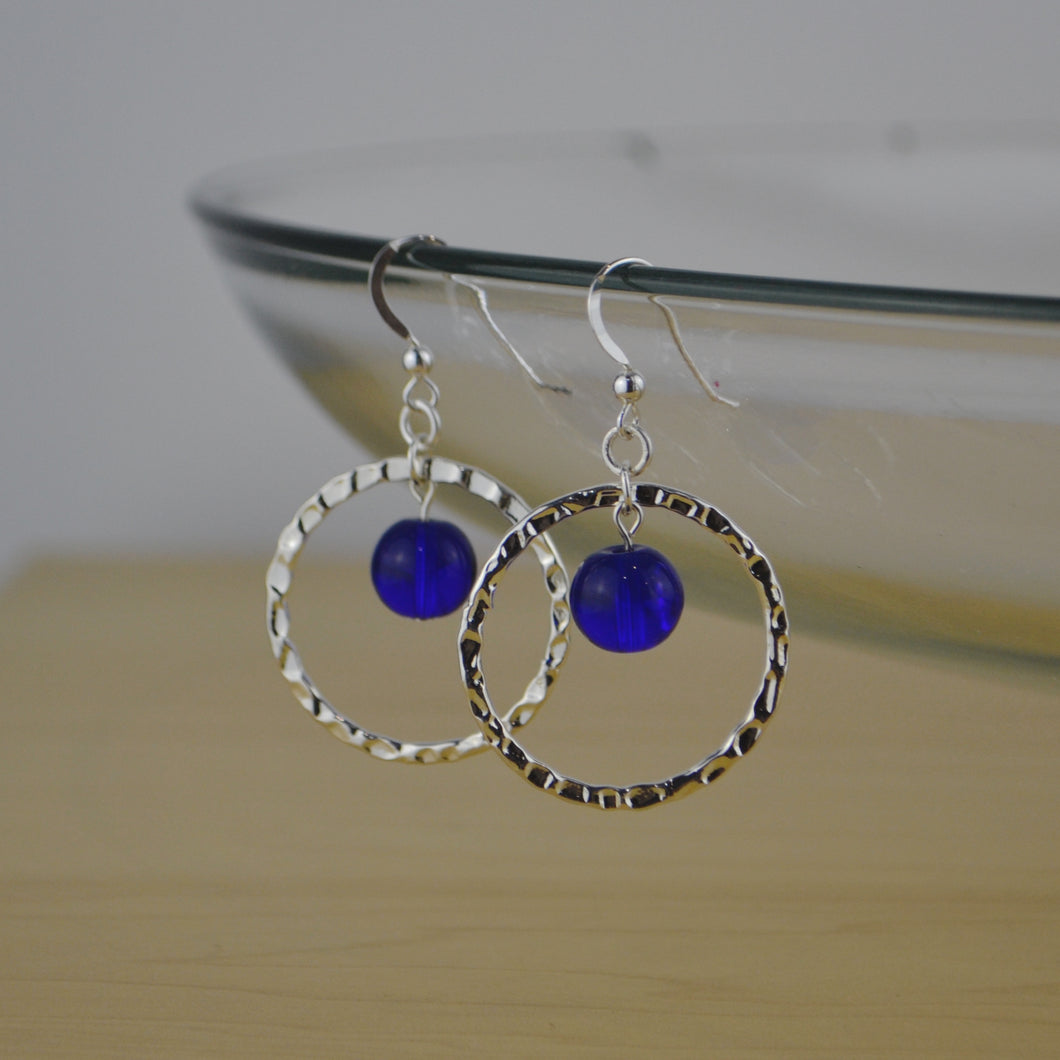 Blue Glass Bead Earrings w Silver Ring